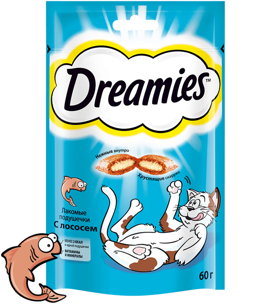 Лакомство Dreamies для кошек, лакомые подушечки с лососем, 60 г
