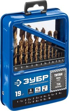 ЗУБР ТИТАН, 19 шт, (1-10 мм), сталь Р6М5, класс А, титановое покрытие, набор сверл по металлу, Профессионал (29617-H19)