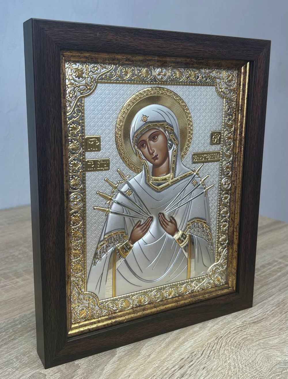 Семистрельная БМ, икона прямоугольная в рамке под стеклом, красное дерево 232х280
