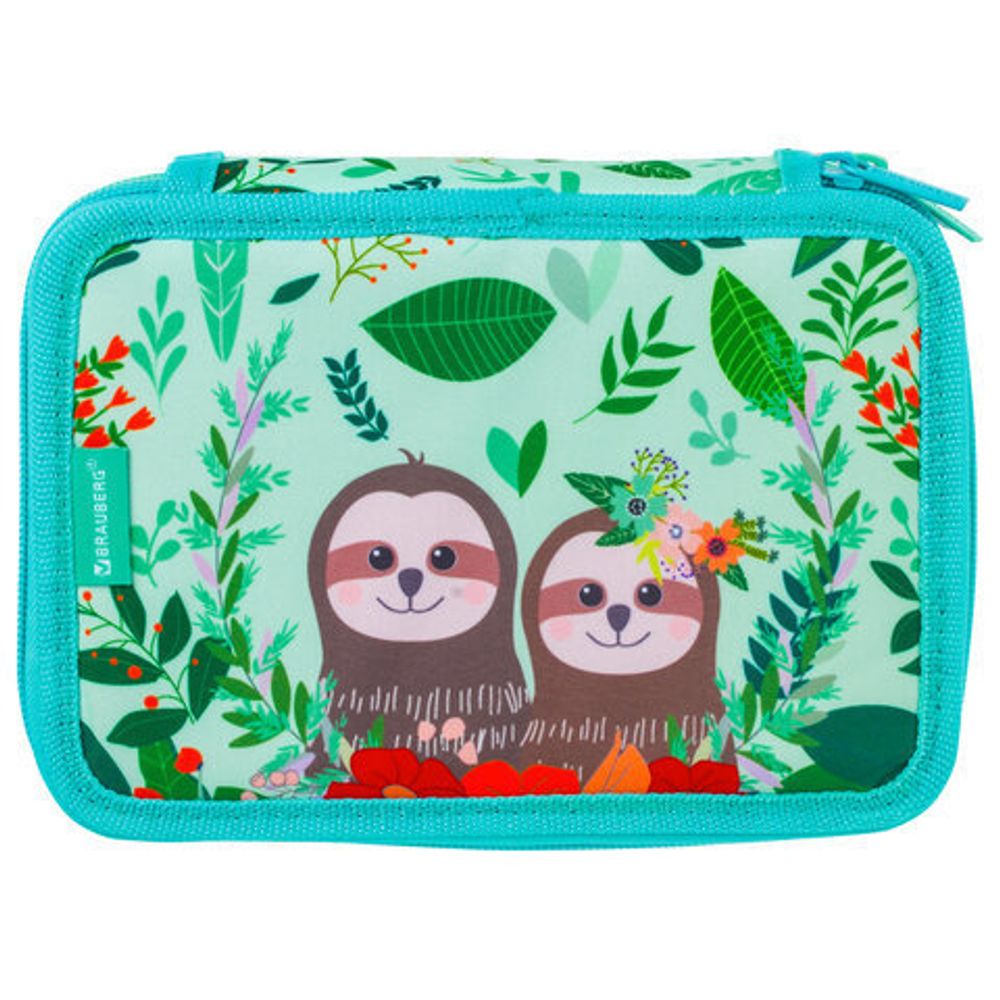 Пенал BRAUBERG, 3 отделения, ткань, 20,5х14 см, "Sloths", 229291