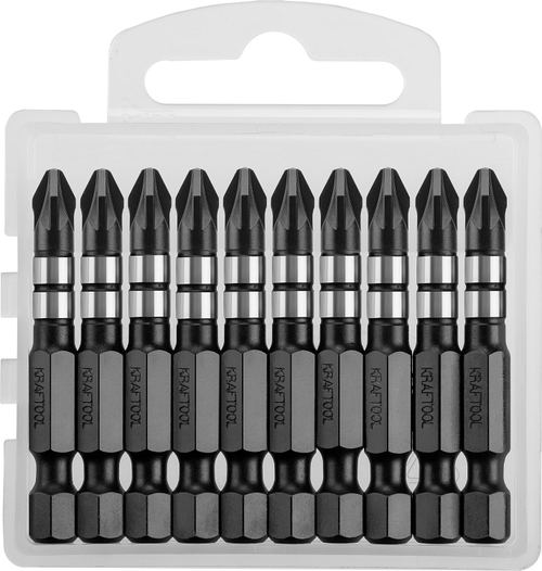 Биты KRAFTOOL Impact Pro, Pozidriv, тип хвостовика E 1/4″, PZ2, 50мм, 10шт, в пластиковом боксе