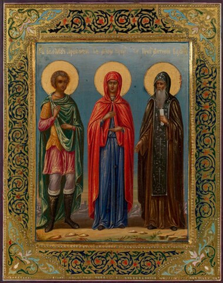 Анна Пророчица, Прокопий мученик и Антоний Великий. Деревянная икона на левкасе