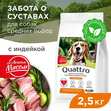 Корм сухой для взрослых собак средних пород, премиум полнорационный комплекс, забота о суставах, с индейкой, 2,5 кг, QUATTRO