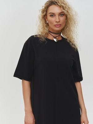 Платье трикотажное макси,с воланом из сетки, черное