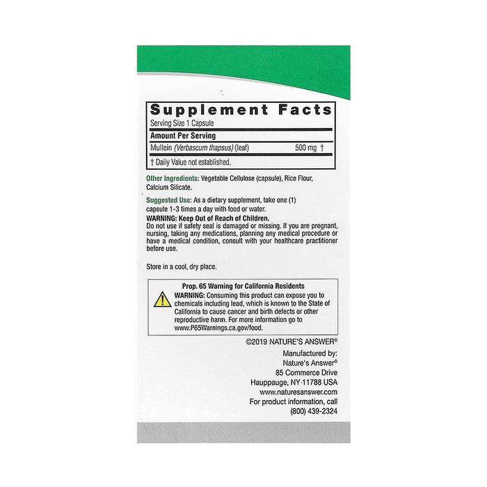 Лист коровяка, Mullein Leaf, Nature's Answer, 90 вегетарианских капсул 2