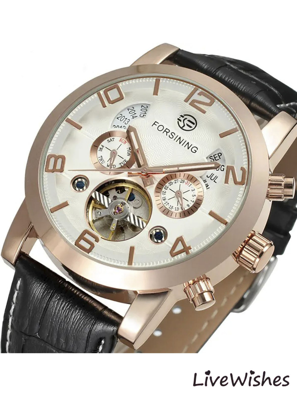 Часы наручные механические с автоподзаводом FORSINING на кожаном ремешке, медный/черный W9030-02