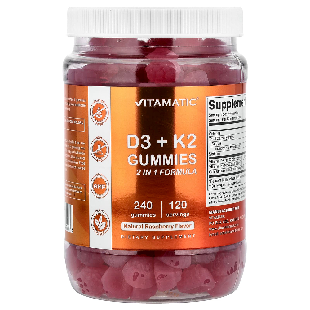 Vitamatic, D3 и K2, жевательные таблетки, со вкусом натуральной малины, 240 жевательных таблеток