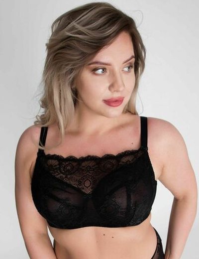 Бюстгальтер-топ с сетчатыми мягкими чашками +size и гипюром поверх (Размер: 65L) (Цвет: черный)
