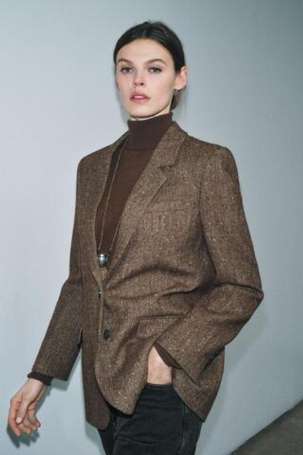 ZARA БЛЕЙЗЕР ИЗ СМЕСОВОГО ЛЬНА С УЗОРОМ В ЕЛОЧКУ — ZW COLLECTION, СВЕТЛО-КОРИЧНЕВЫЙ