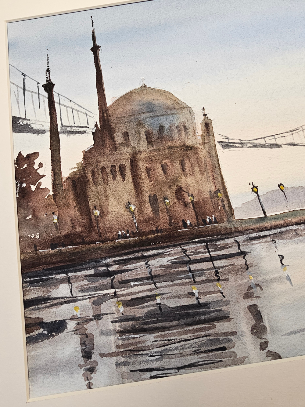 Картина авторская акварельная в паспарту 30х40 см на стену для интерьера "Мечеть Ортакей. Стамбул"