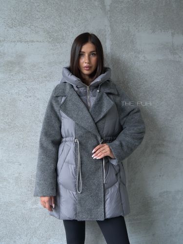 Серый комбинированный пуховик-пальто на кулиске