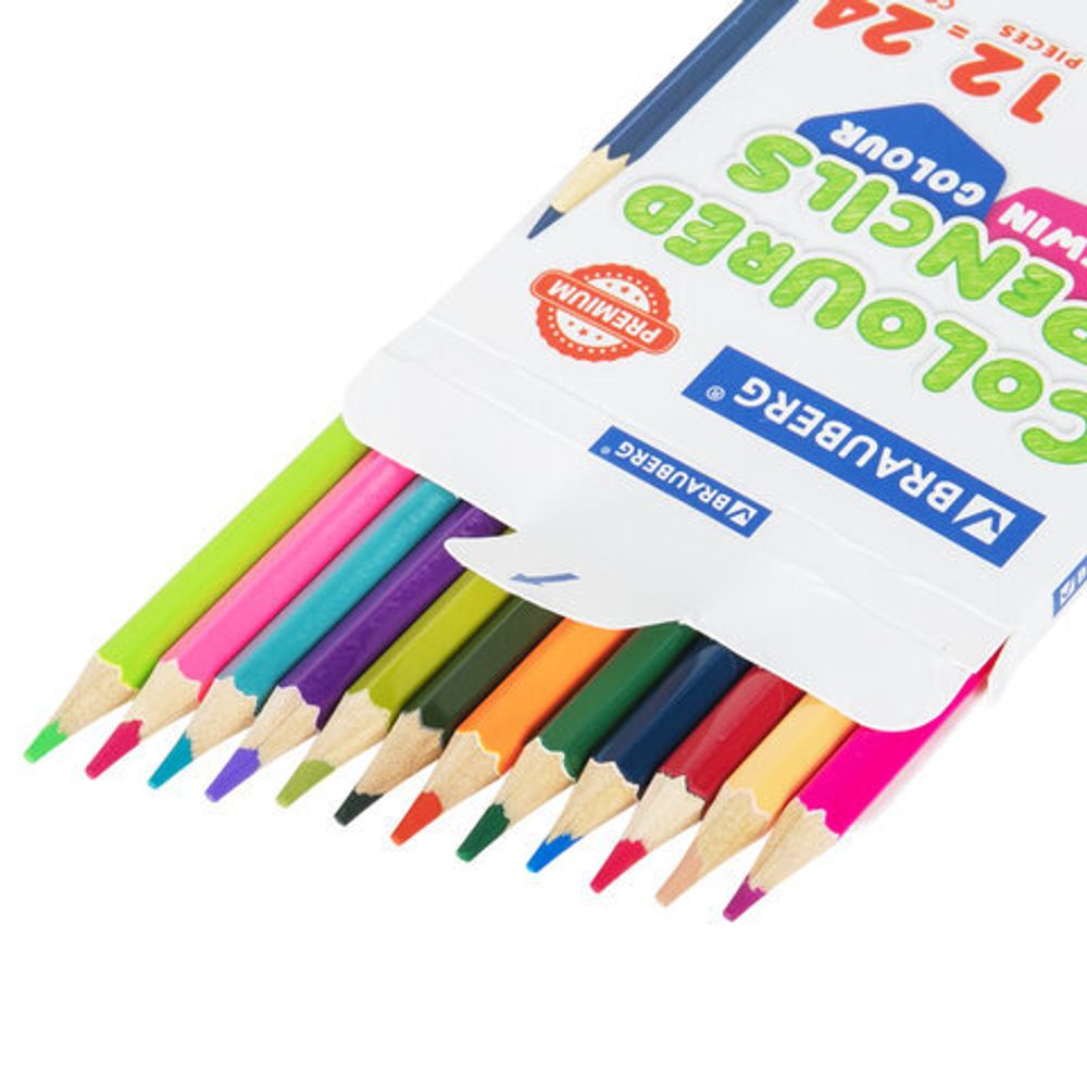 Карандаши цветные мягкие двусторонние BRAUBERG PREMIUM TWIN COLOUR, 12 штук, 24 цвета, 181874