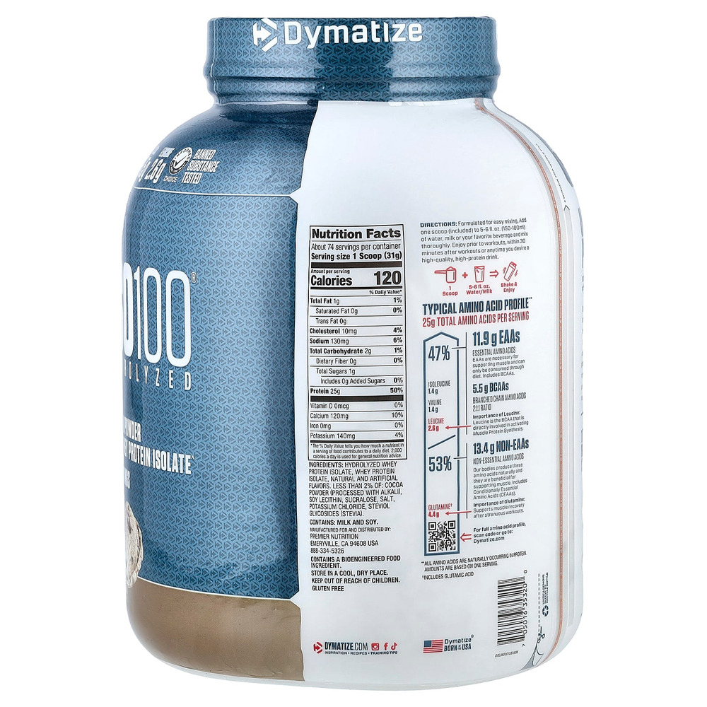 Dymatize, ISO100®, гидролизованный, 100% изолят сывороточного протеина, печенье и сливки, 2,3 кг (5 фунтов)