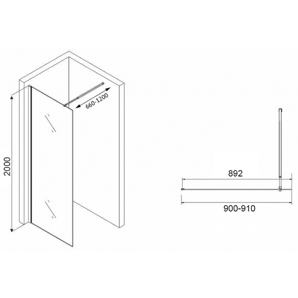 Душевая перегородка Abber Immer Offen 90 AG61091R8 профиль Черный стекло рифленое
