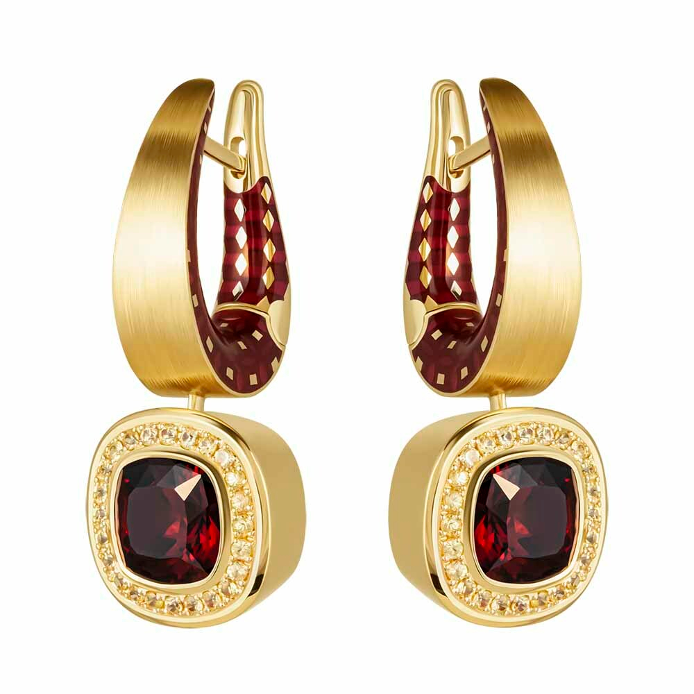 Серьги c Гранатом и жёлтыми Сапфирами, Эмаль, E0176-52/16