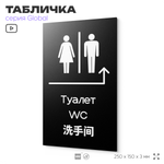 Табличка "Туалет направо и налево", на дверь и стену, информационная и мультиязычная (русский, английский, китайский), серия GLOBAL, 25х15 см, Айдентика Технолоджи