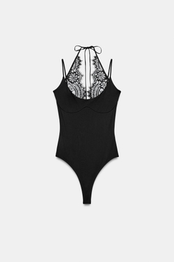 ZARA БОДИ ХАЛТЕР С КОМБИНИРОВАННЫМ КРУЖЕВОМ, ЧЕРНЫЙ