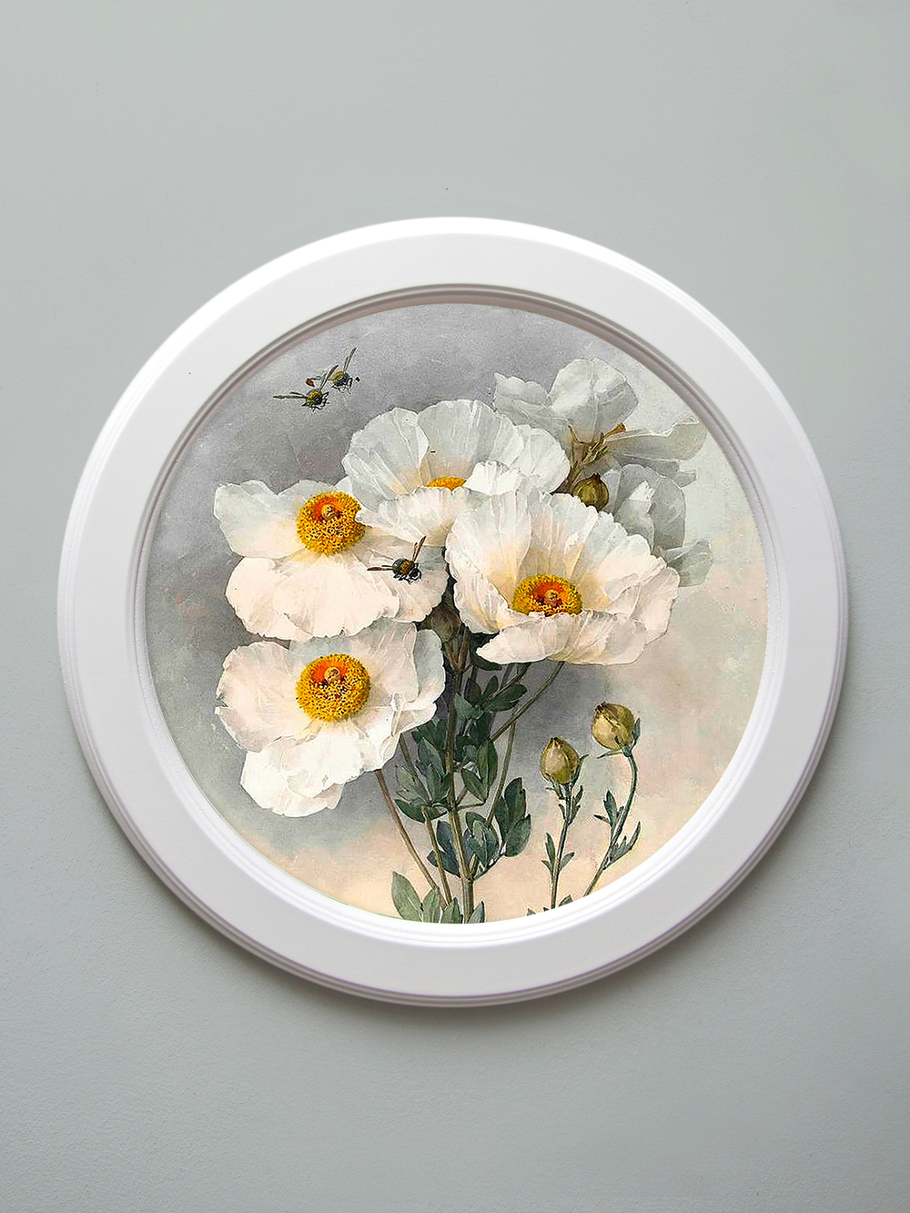 Картина на натуральном холсте в круглой деревянной раме "Цветы прованса", диаметр 37 см