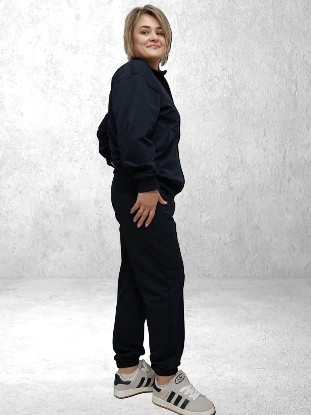35062 Костюм спортивный на молнии футер 2-х нитка черно-синий (54)