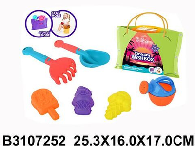 Набор для игры в песок 7 предметов: лейка, совок, грабли, 3 формочки, сумка 9181B