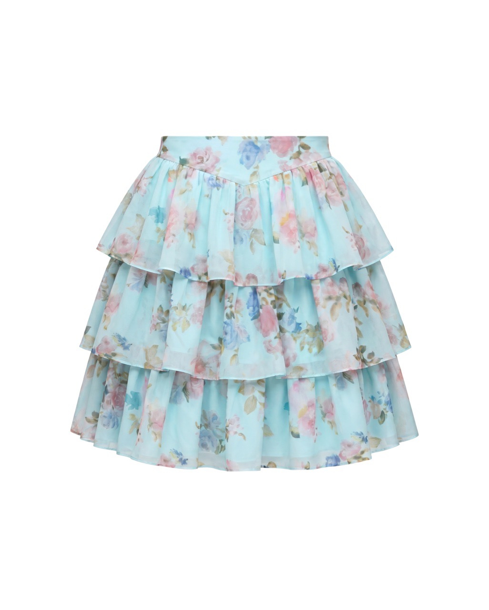 Бетти мини (Betty mini), юбка мини из голубого шифона с крупным цветочным принтом