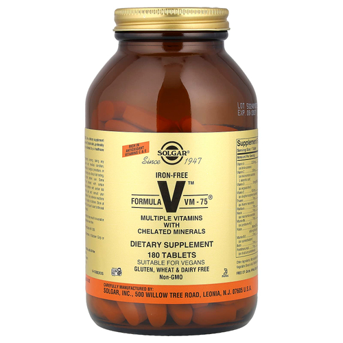 Solgar, Formula VM-75, комплексные витамины с микроэлементами в хелатной форме, без железа, 180 таблеток