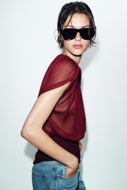 ZARA КОМБИНИРОВАННЫЙ ТОП ИЗ ЖОРЖЕТА, ШОКОЛАДНЫЙ