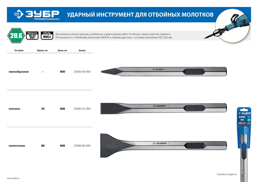 ЗУБР БУРАН, 80 х 400 мм, HEX 28, лопаточное зубило (29380-80-400)