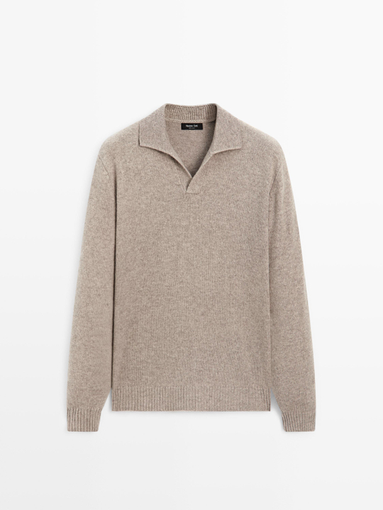 Massimo Dutti Свитер поло из смесовой шерсти с V-образным вырезом, экрю