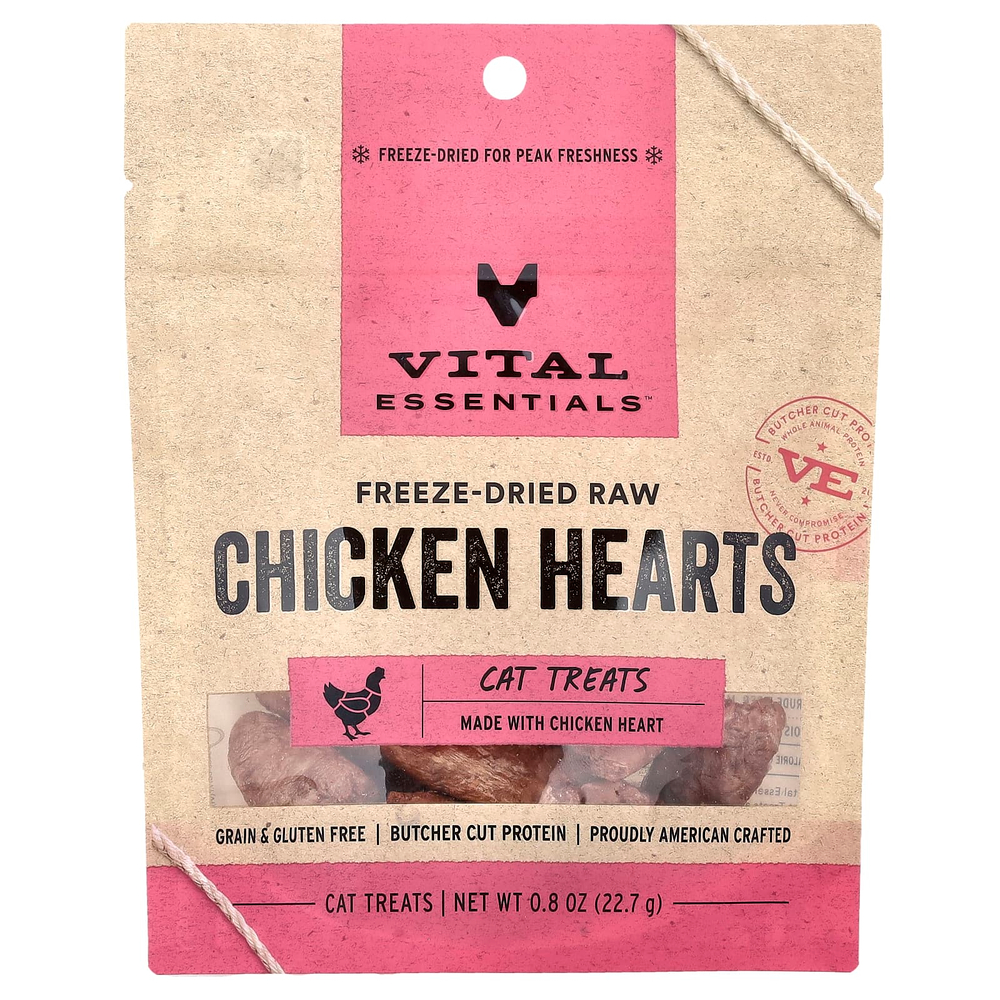 Vital Essentials, сублимированные лакомства для кошек из необработанных ингредиентов, куриные сердечки, 22,7 г (0,8 унции)