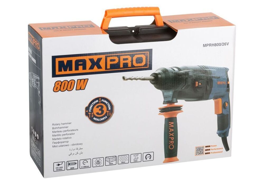 MAX-PRO Перфоратор Монтажный 800Вт; 0-1200об/мин; 2,8Дж; 3 режима; Д/Б/М - 30/26/13; 3,2кг; SDS-PLUS