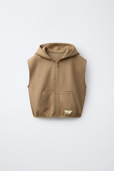 ZARA ЖИЛЕТ ИЗ ИНТЕРЛОКА С КАПЮШОНОМ, СВЕТЛО-КОРИЧНЕВЫЙ