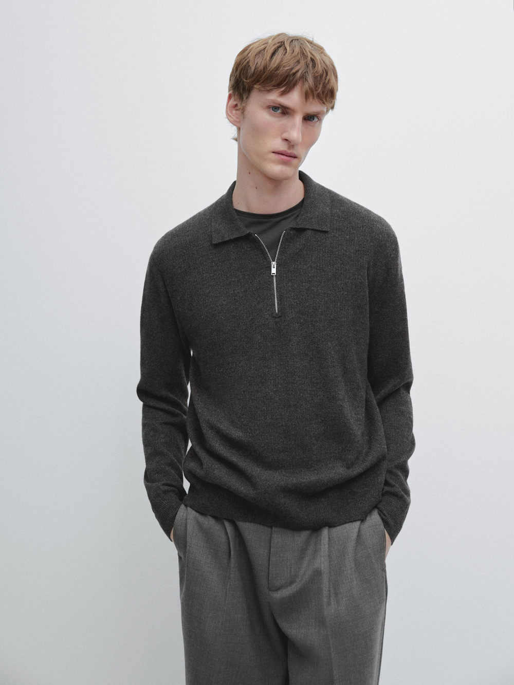 Massimo Dutti Свитер с воротником-поло, антрацитово-серый