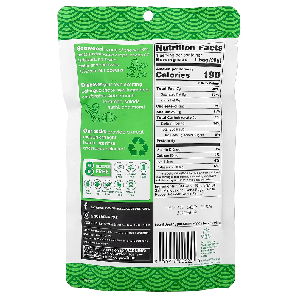 Nora Snacks, снеки с морскими водорослями, хрустящие, 28 г (1 унция)
