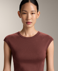 Oysho Футболка с короткими рукавами в рубчик из хлопка и модала, линялый махагон