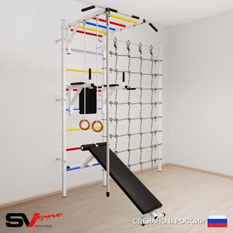 Шведская стенка Sv Sport усиленная 6540 (Турник рукоход/Брусья/Скамья/Канат/Кольца/Канатный лаз)