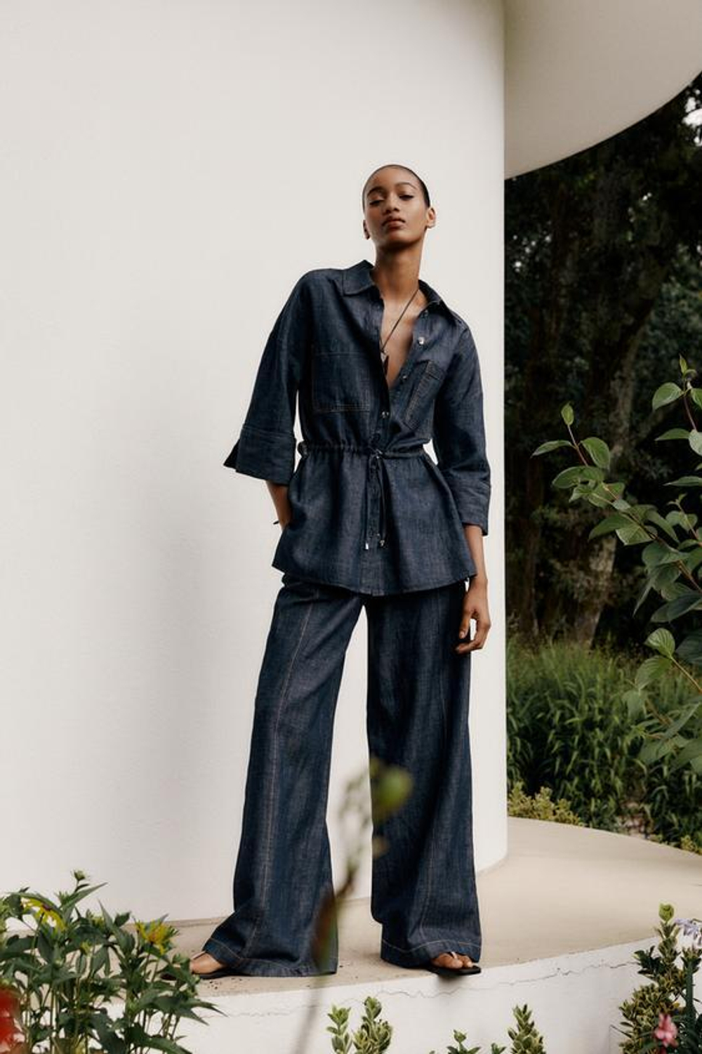 ZARA ШИРОКИЕ БРЮКИ ИЗ ЛЬНА, ИНДИГО