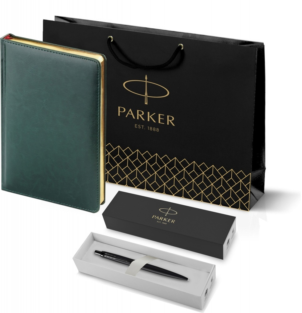 Подарочный набор: Шариковая ручка Parker  Jotter XL SE20 Monochrome в подарочной упаковке, цвет: Black, стержень: Mblue и Ежедневник зеленый недатиров