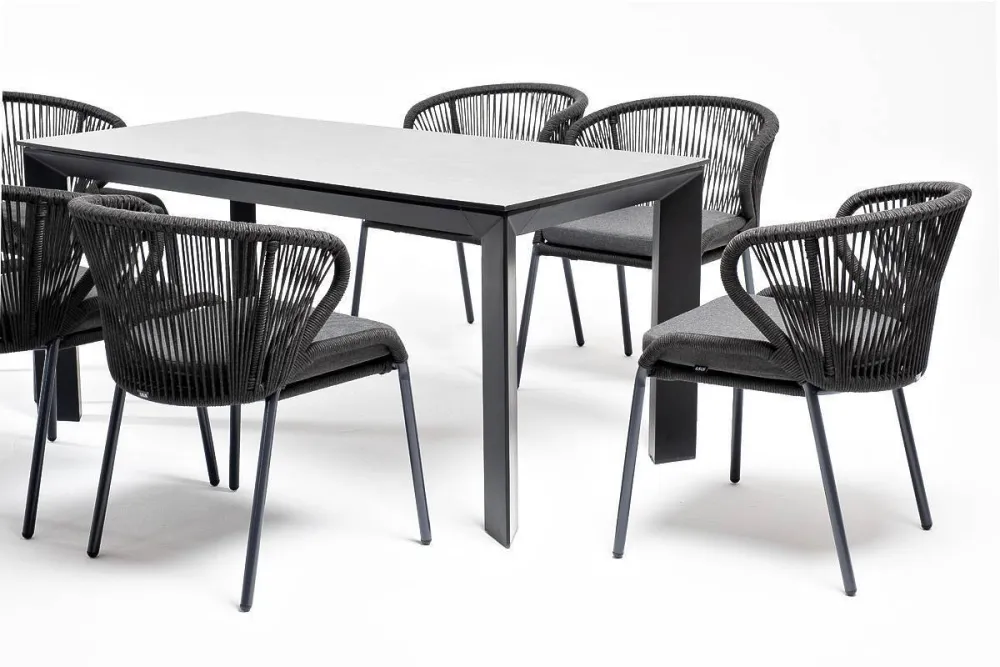 "Венето" обеденная группа на 6 персон со стульями "Милан", каркас темно-серый, роуп темно-серый