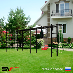 Уличная шведская стенка Sv Sport рукоход х 2 с комплектом турник прямой У53844 (Турник/Со спинкой/Канат/кольца/лестница/Сетка)