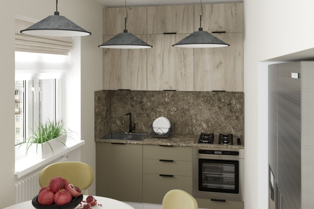 Кухонный гарнитур Альба макси 1800 мм, каркас ЛДСП, фасад ЛДСП, Белый/Дуб браун/Мокко