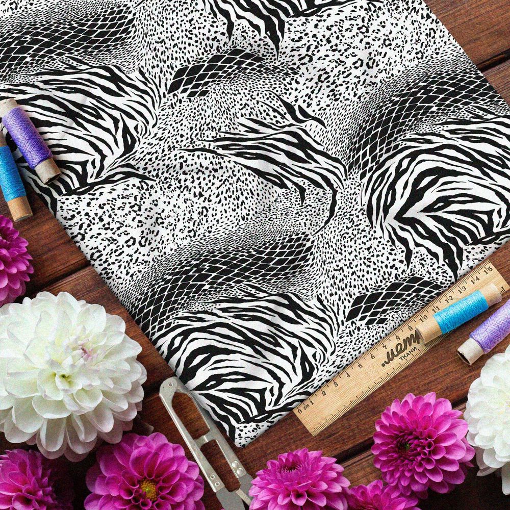 Ткань бязь чёрно-белые принты животных