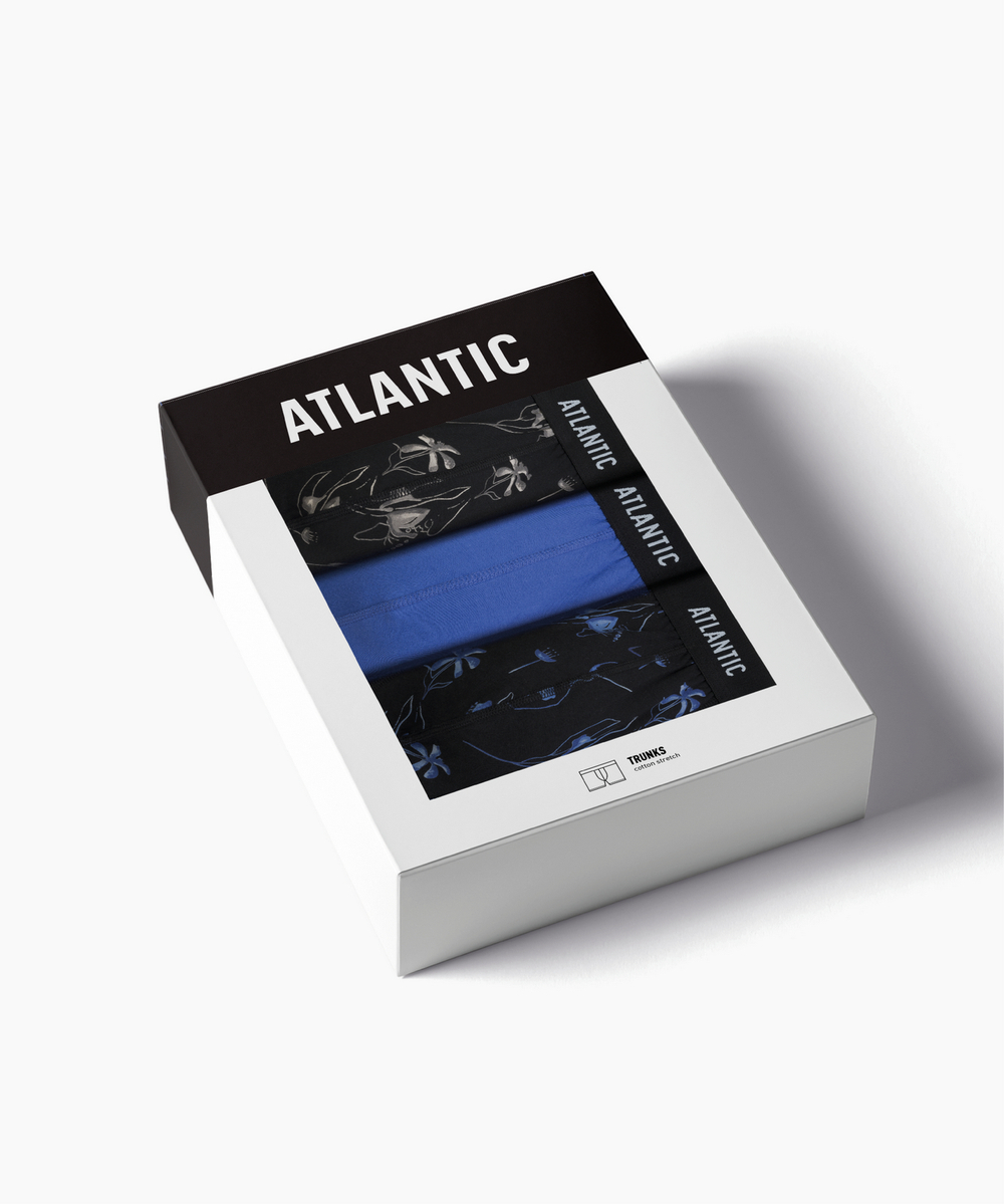 Мужские трусы шорты Atlantic, набор из 3 шт., хлопок, черные + голубые + черные, 3MH-229