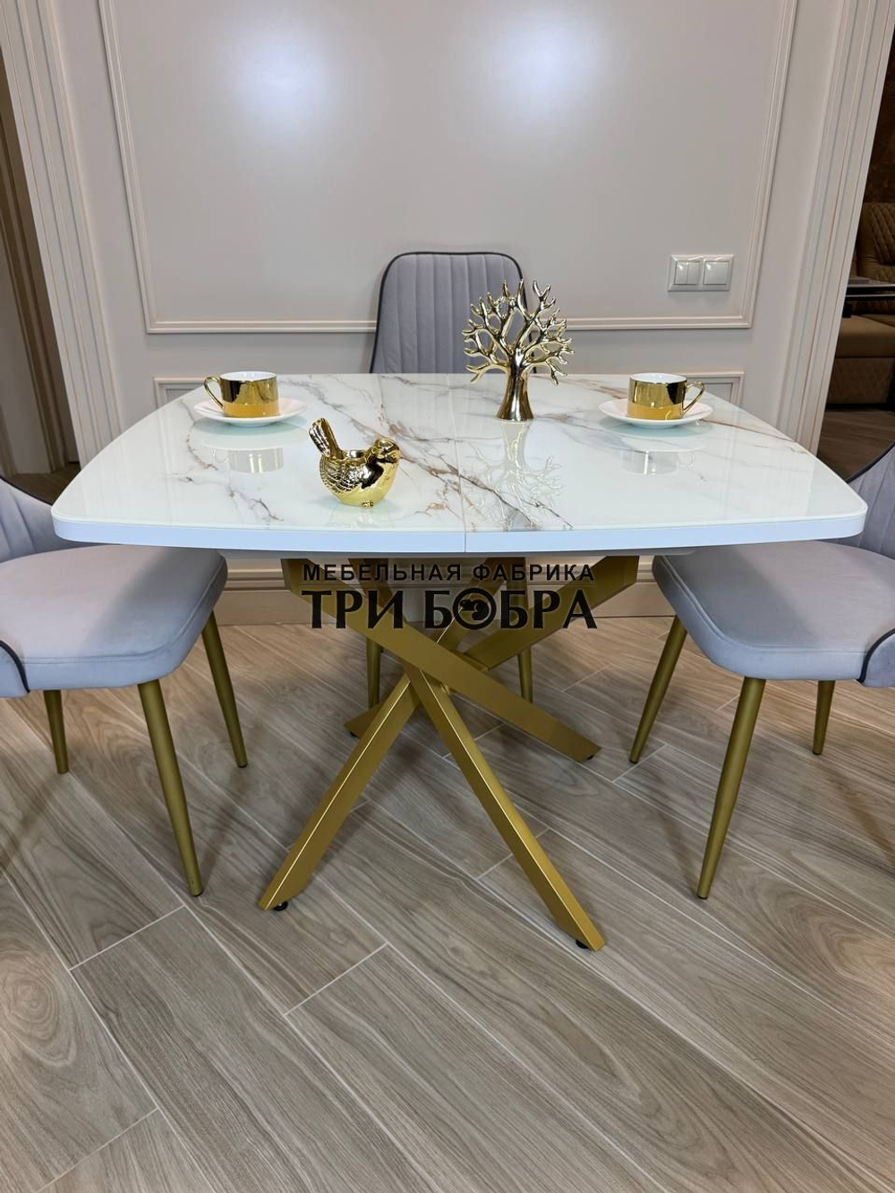 Кухонный раздвижной стол "ТАНГО" , белый мрамор и 4 стула Сорренто
