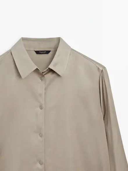 Massimo Dutti Однотонная рубашка с длинными рукавами и разрезами, бежевый