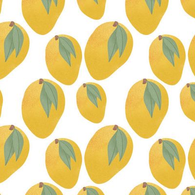 Спелое манго. Сладкие фрукты. Набор ярких вкусных тропических фруктов. Манговый паттерн.