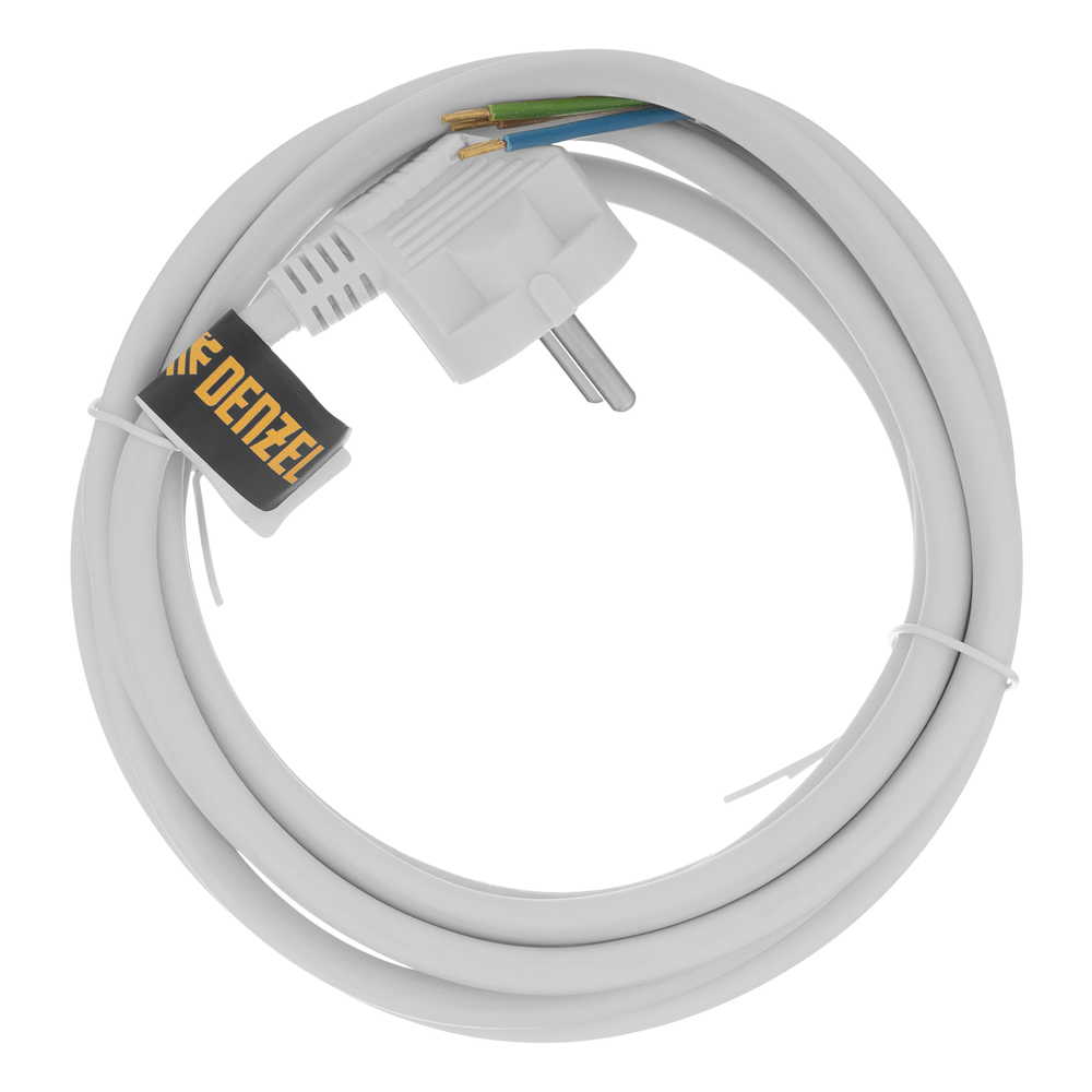 Шнур сетевой Energy Series, ПВС, 3 м, 3 x 1,5 мм, с неразборной вилкой, белый, Denzel