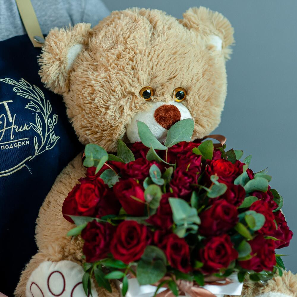 Набор 2в1: Шляпная коробка с розами+Медведь