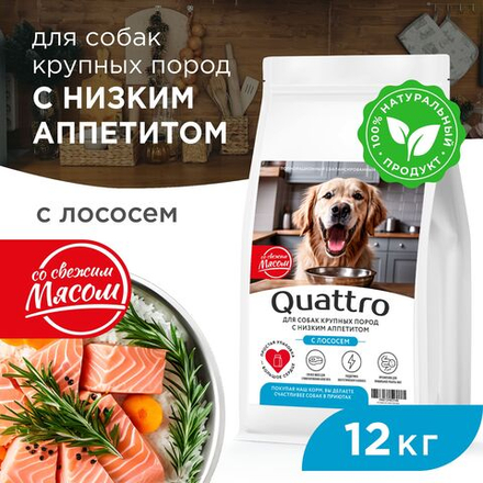 Корм сухой для взрослых собак крупных пород, премиум полнорационный комплекс, для собак с низким аппетитом, с лососем, 12 кг, QUATTRO