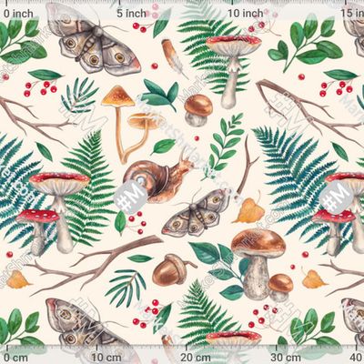 Акварельный лес с улиткой, мухоморами, мотыльком и папоротниками by Loft Bat 234 DPI